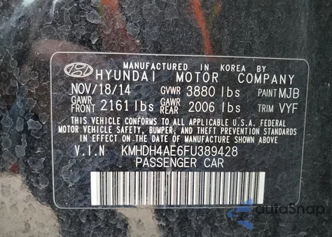 2015 Hyundai Elantra Se z USA, uszkodzony, nr VIN KMHDH4AE6FU389428